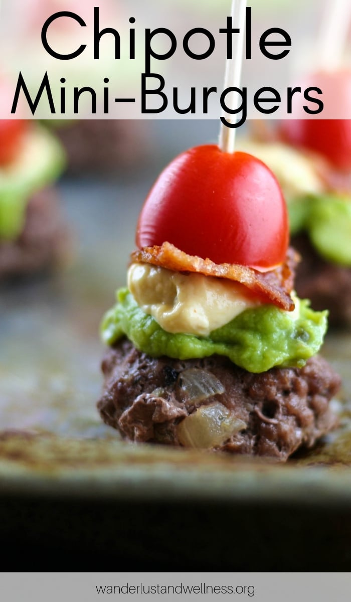 a paleo chipotle mini-burger on a skewer on a baking sheet