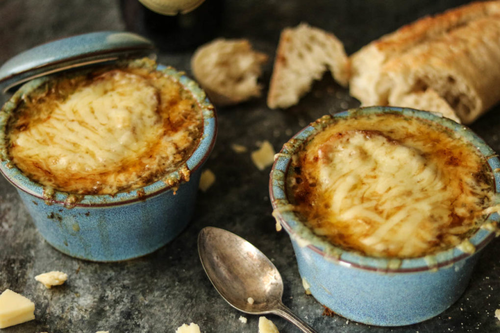 two bowls of Guinness french onion soup