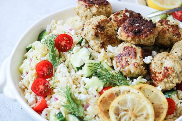 Greek Orzo Salad with Chicken Gyro Meatballs