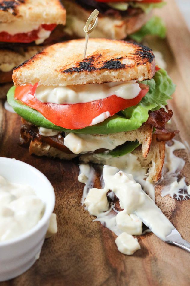 close up shot of the BLT club sandwich with blue cheese mayo