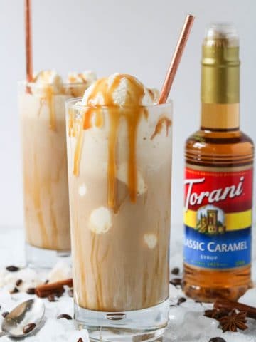 two dirty chai ice cream floats in a glass