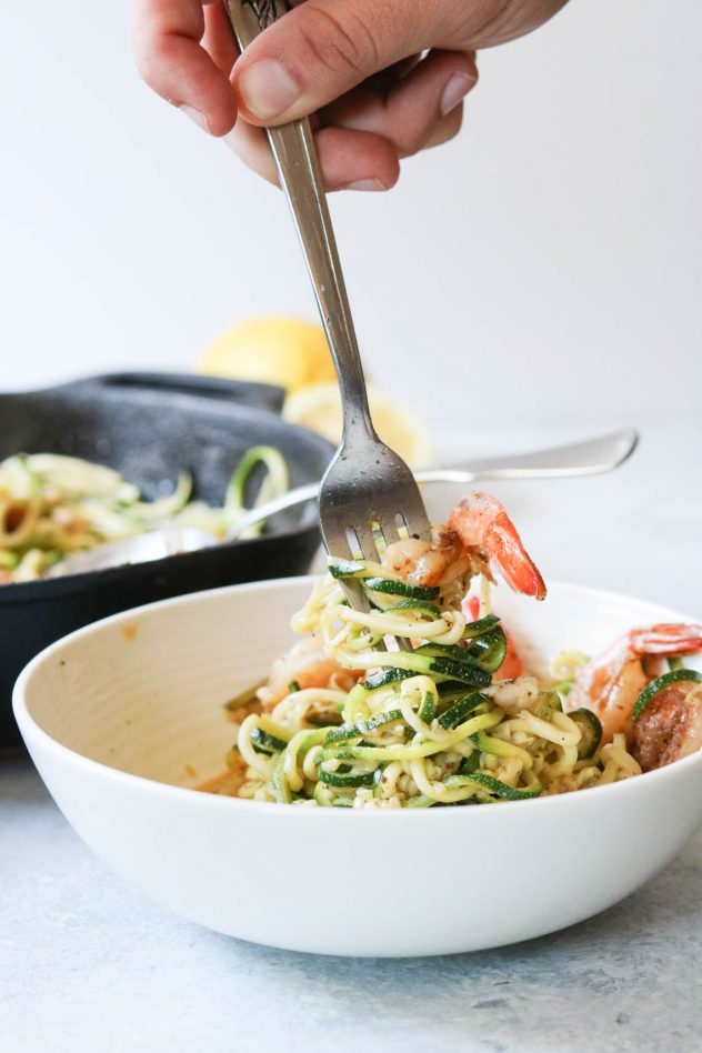 zoodles and shrimp twisted around a fork