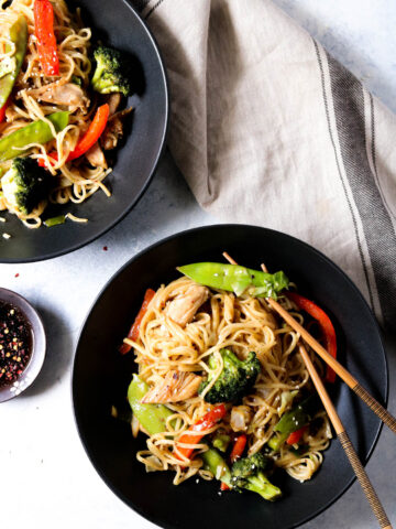 two bowls of chicken lo mein
