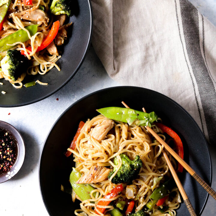 two bowls of chicken lo mein