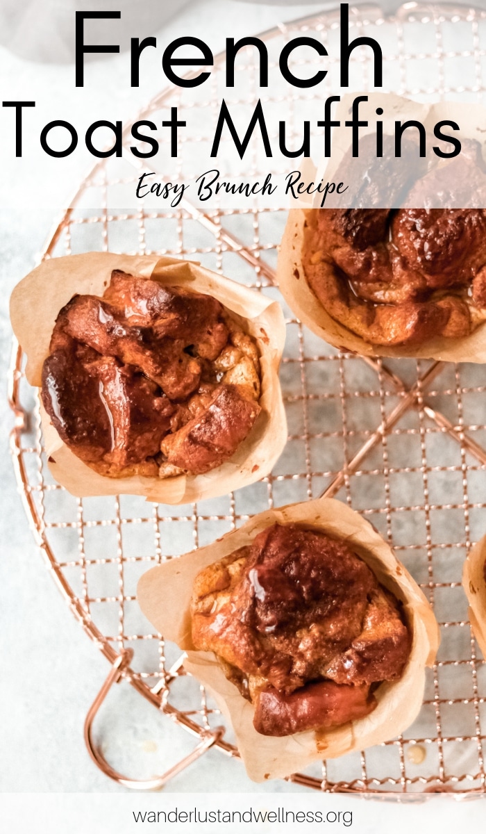 3 french toast muffins sitting on a rose gold cooling rack
