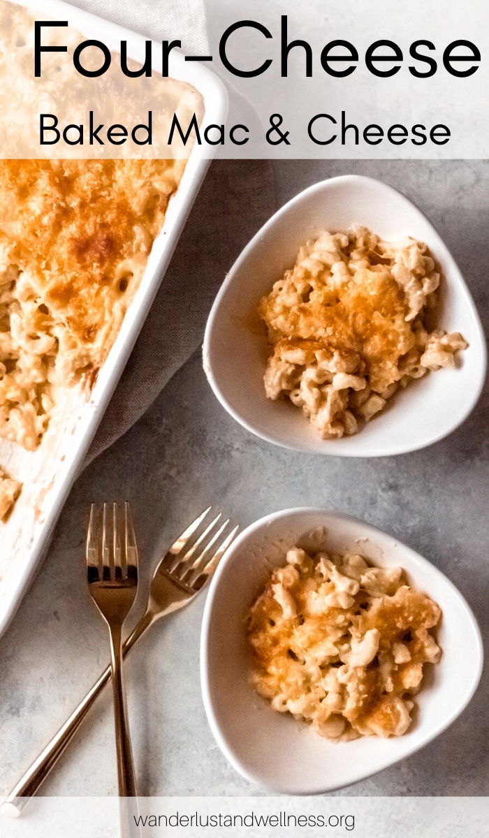 two servings of four-cheese baked mac & cheese in white bowls