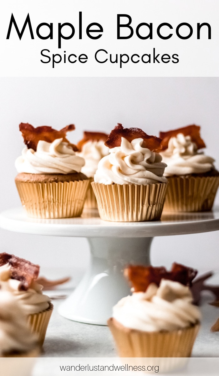 maple bacon cupcakes on a white cake stand