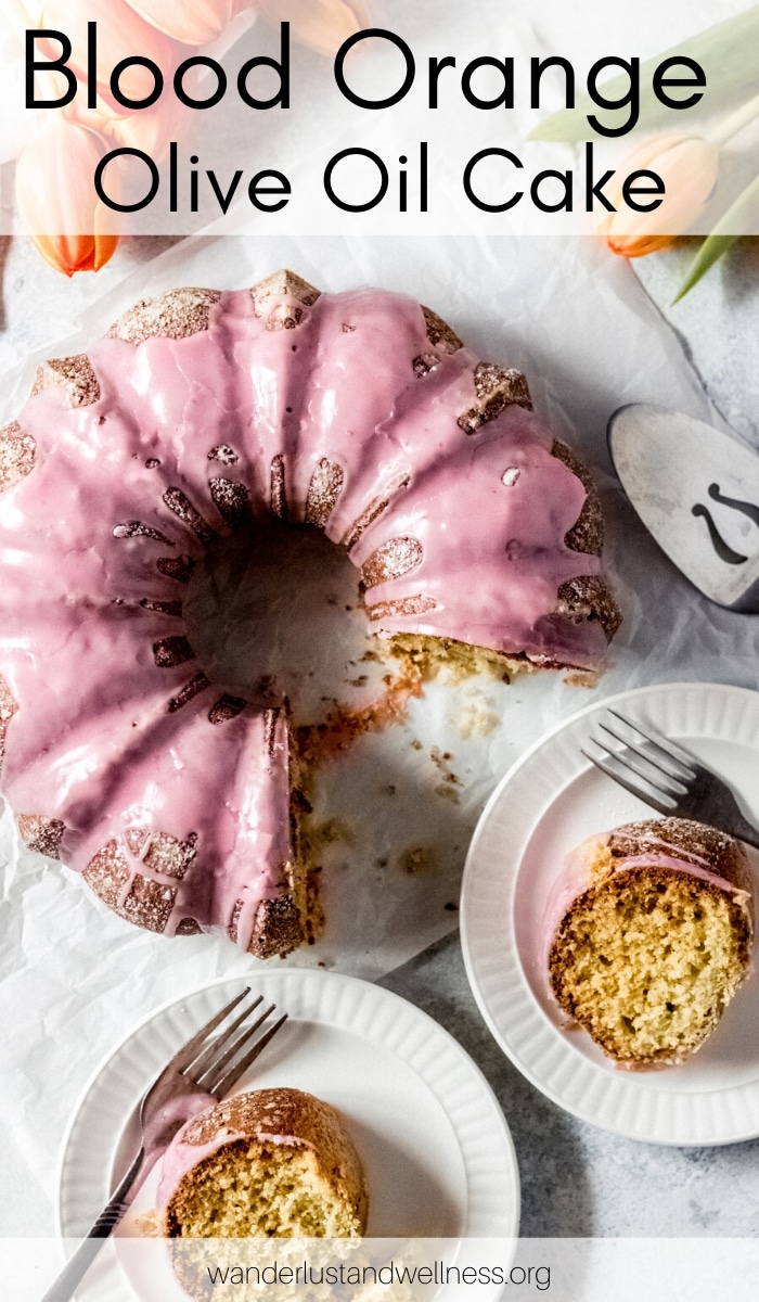 a blood orange olive oil bundt cake with two slices out