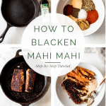 a four image collage for how to blacken mahi mahi