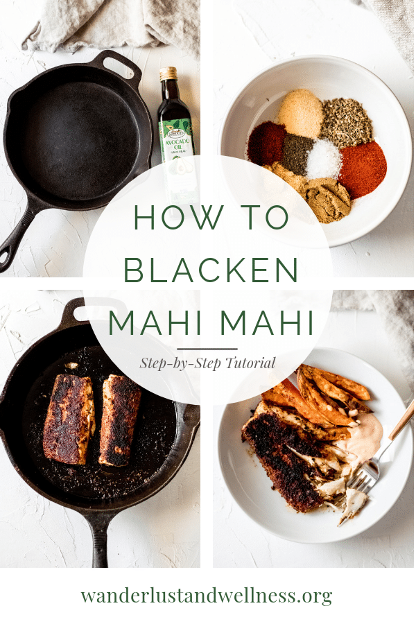 a four image collage for how to blacken mahi mahi