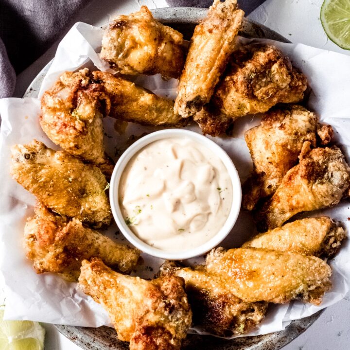 a plate of air fryer roasted chili chicken wings