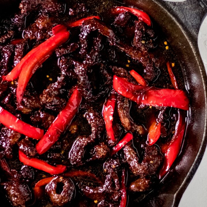 a skillet of air fryer sticky asian beef
