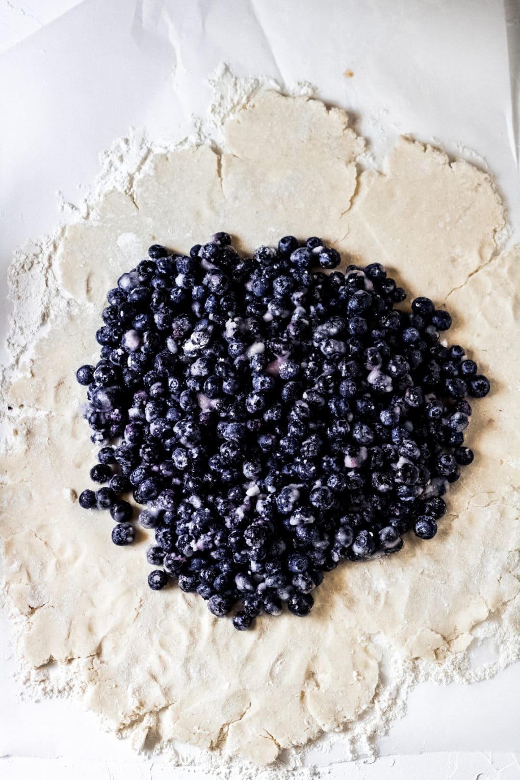 galette dough rolled out with the blueberry filling in the center