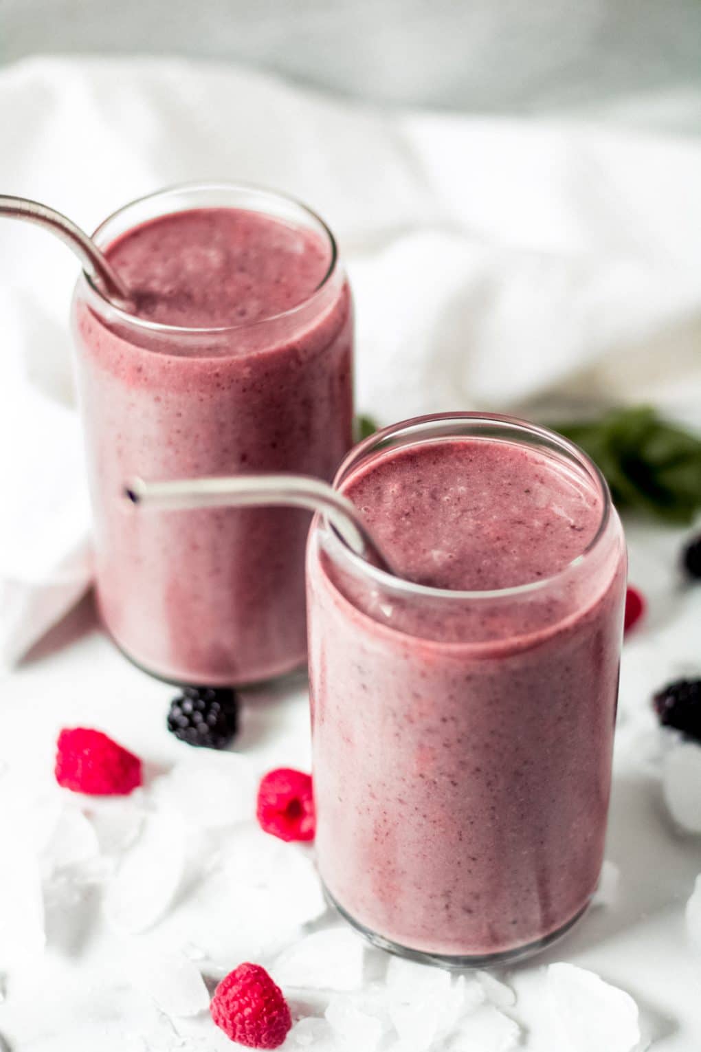 two berry bone broth smoothies in glasses
