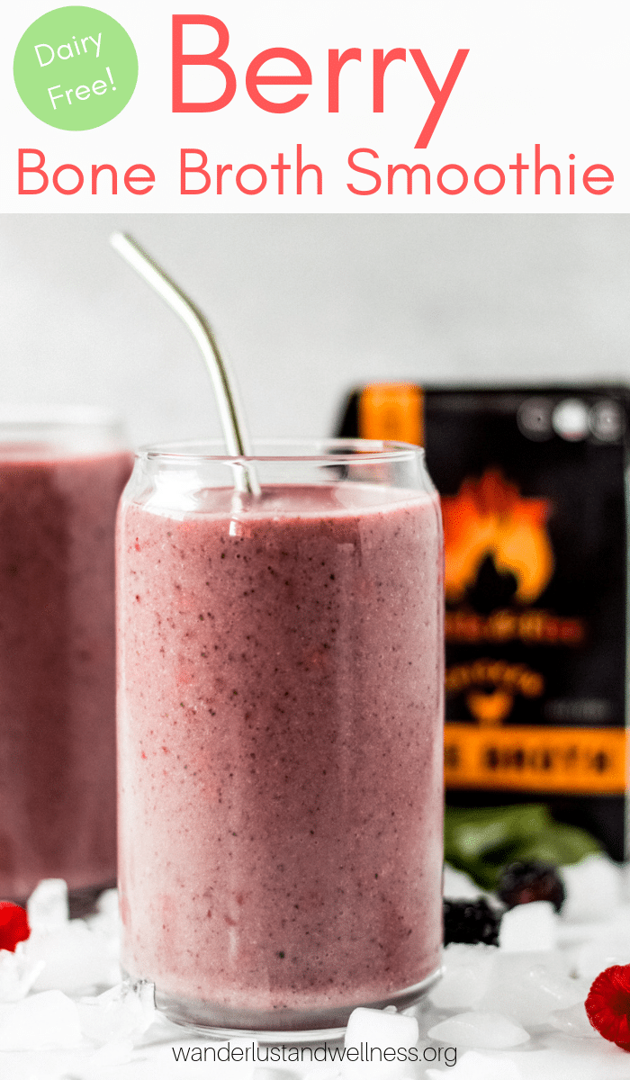a berry bone broth smoothie in a clear glass