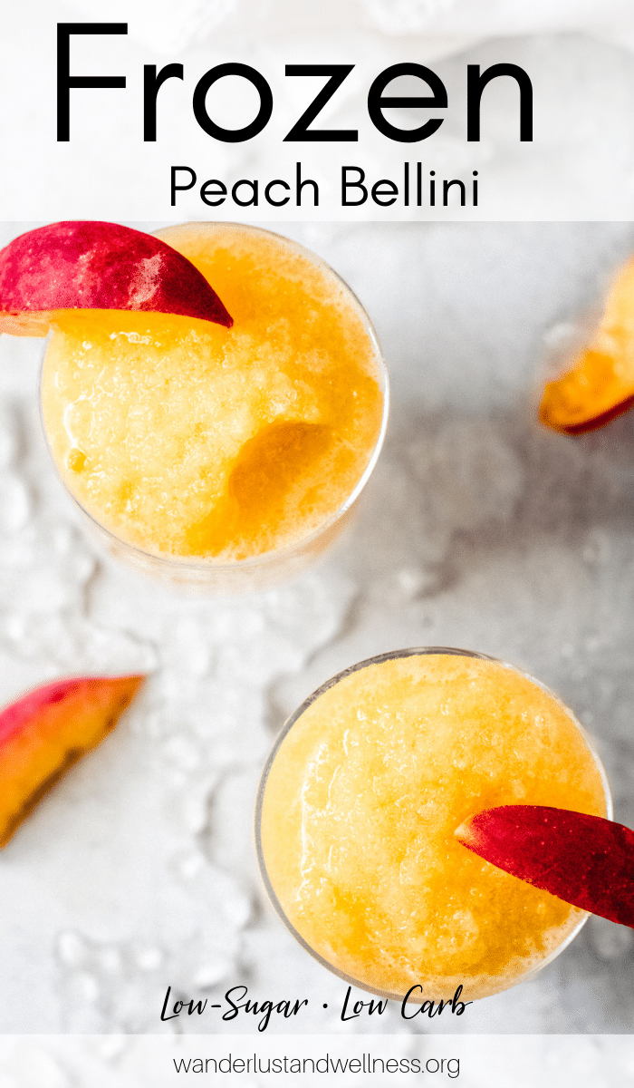 an overhead view of two glasses of frozen peach bellini