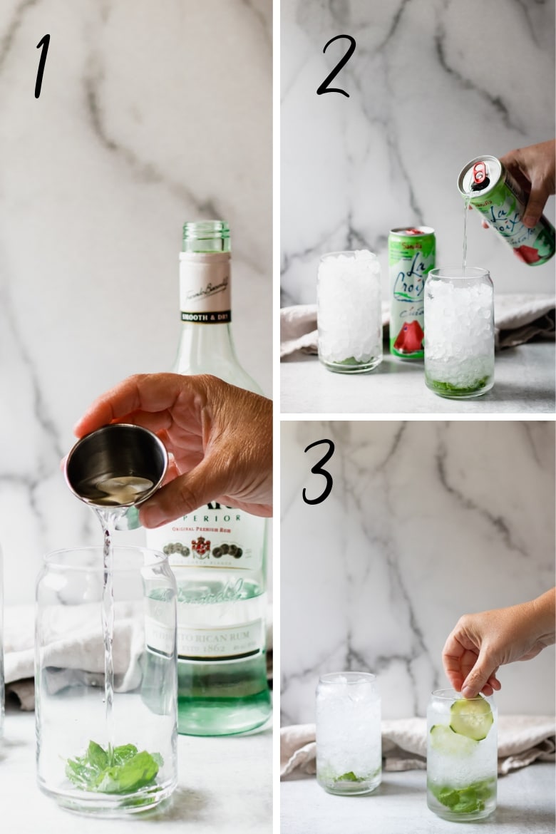 a collage featuring the steps to fixing a sparkling cucumber cocktail