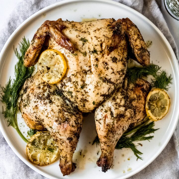 a whole grilled greek spatchcocked chicken on a white plate