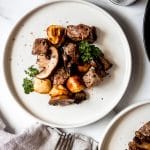 air fryer mushroom & steak bites on a white plate