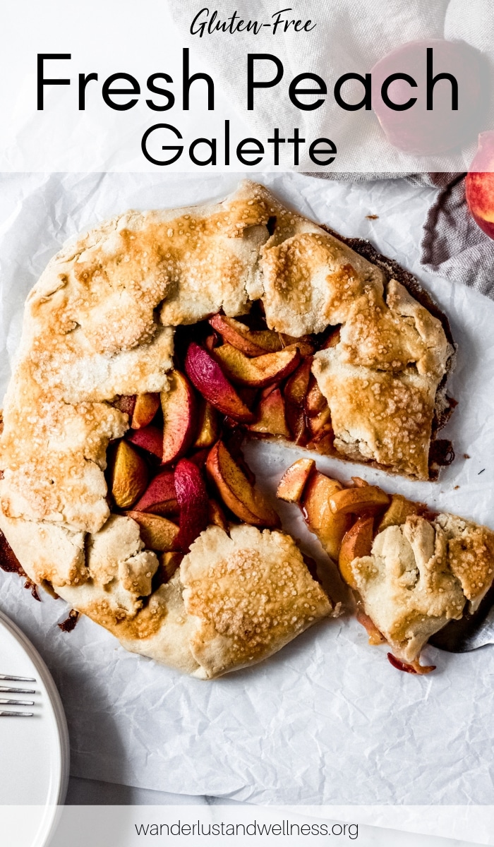 a gluten-free peach galette with one slice cut out