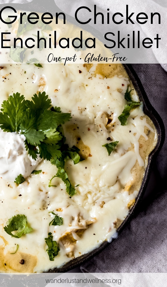 a cast-iron skillet with green chicken enchilada skillet recipe