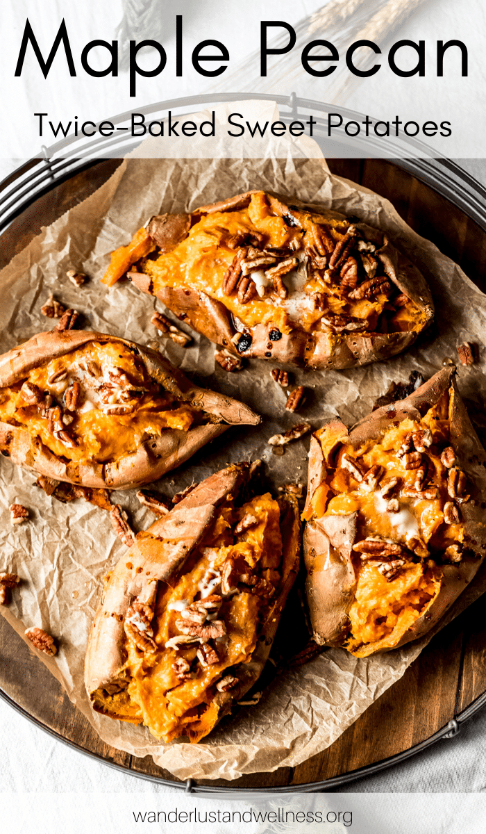 four maple pecan twice-baked sweet potatoes on a round wooden serving platter