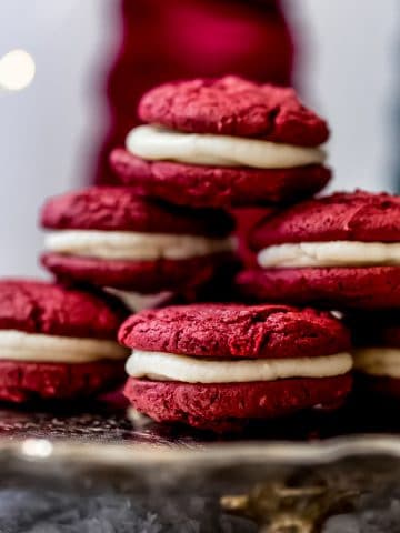 red velvet whoopie pies on a silver platter