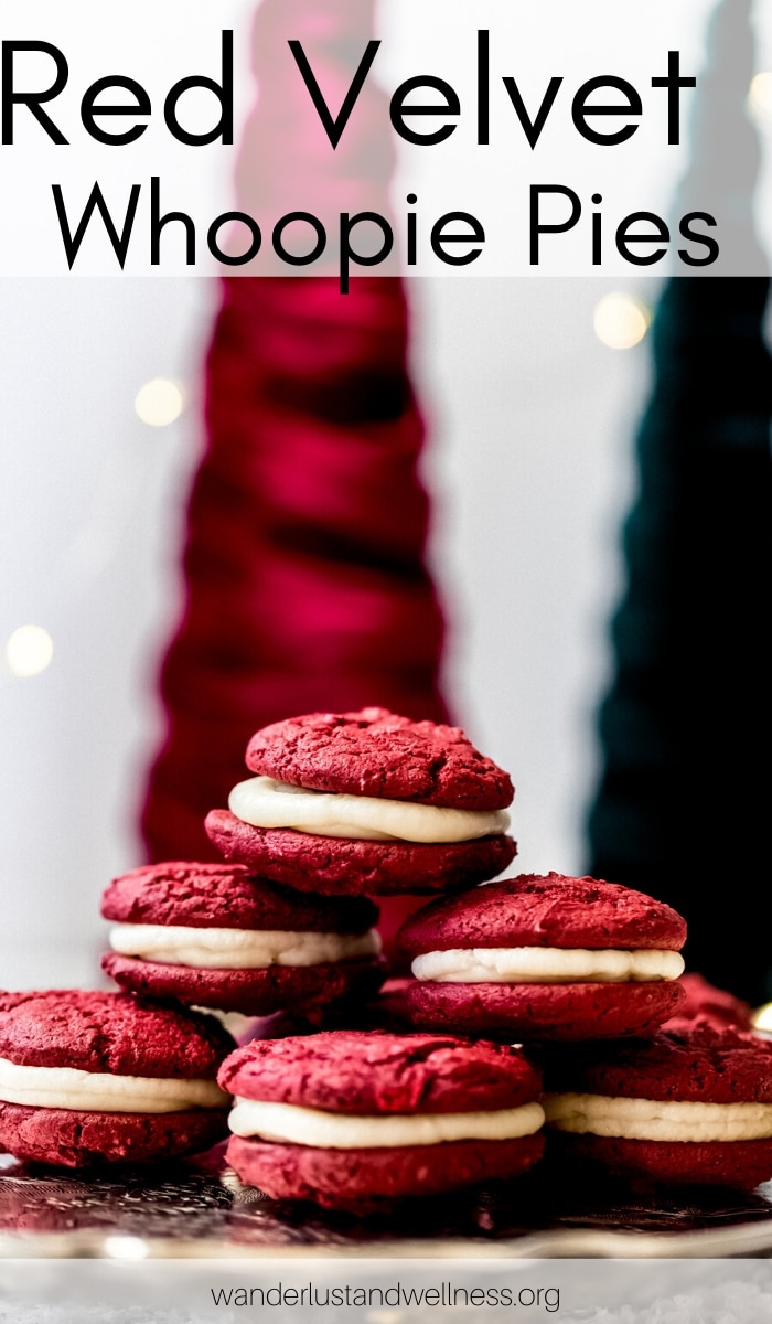 a stack of red velvet whoopie pies on a silver tray