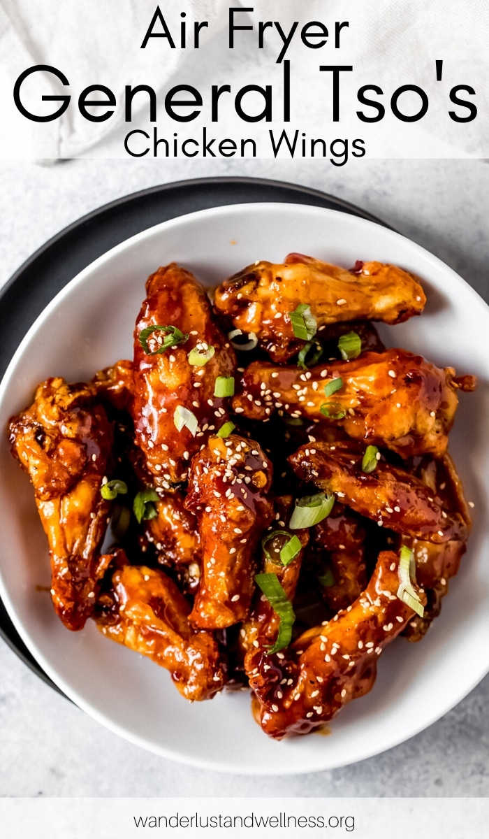 a bowl of air fryer general tso's chicken wings