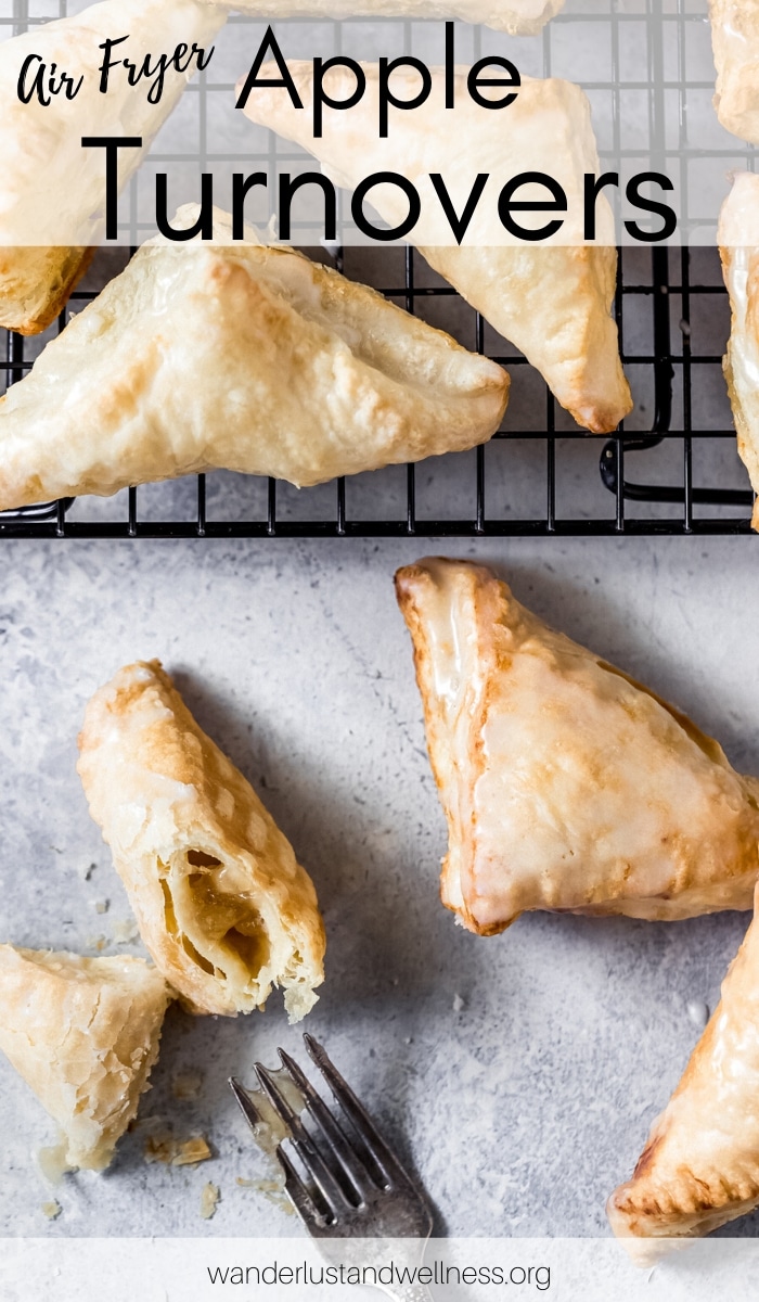 air fryer apple turnovers, one cut open with a fork