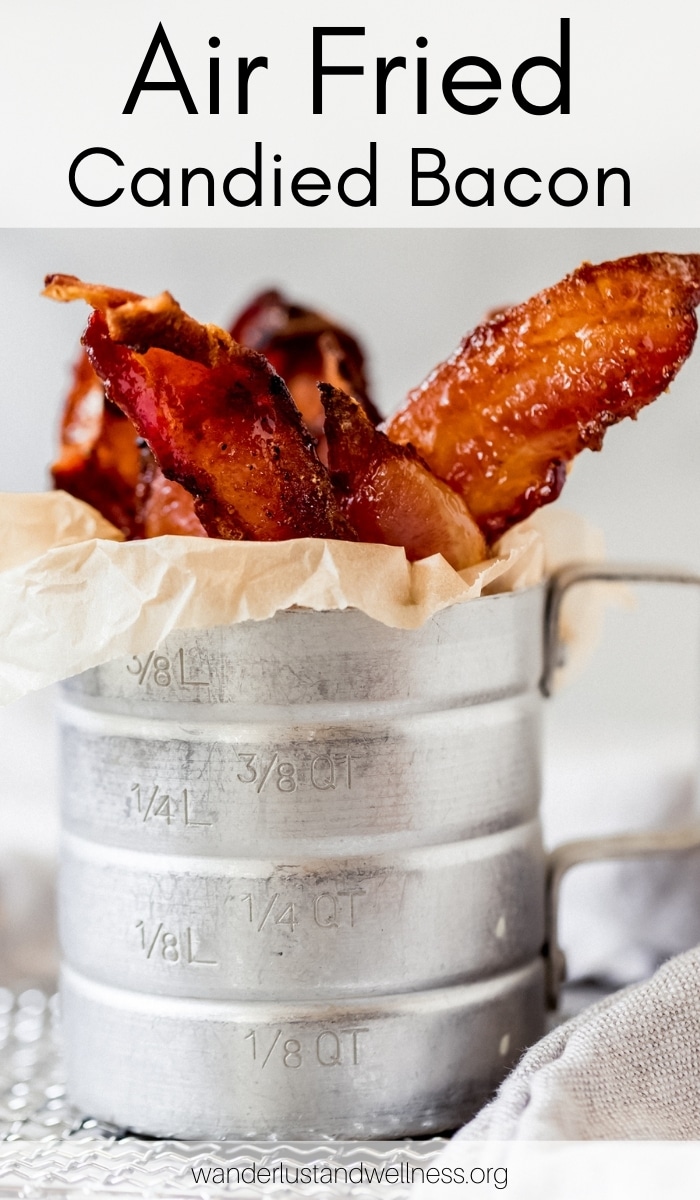 air fried candied bacon in a metal measuring cup