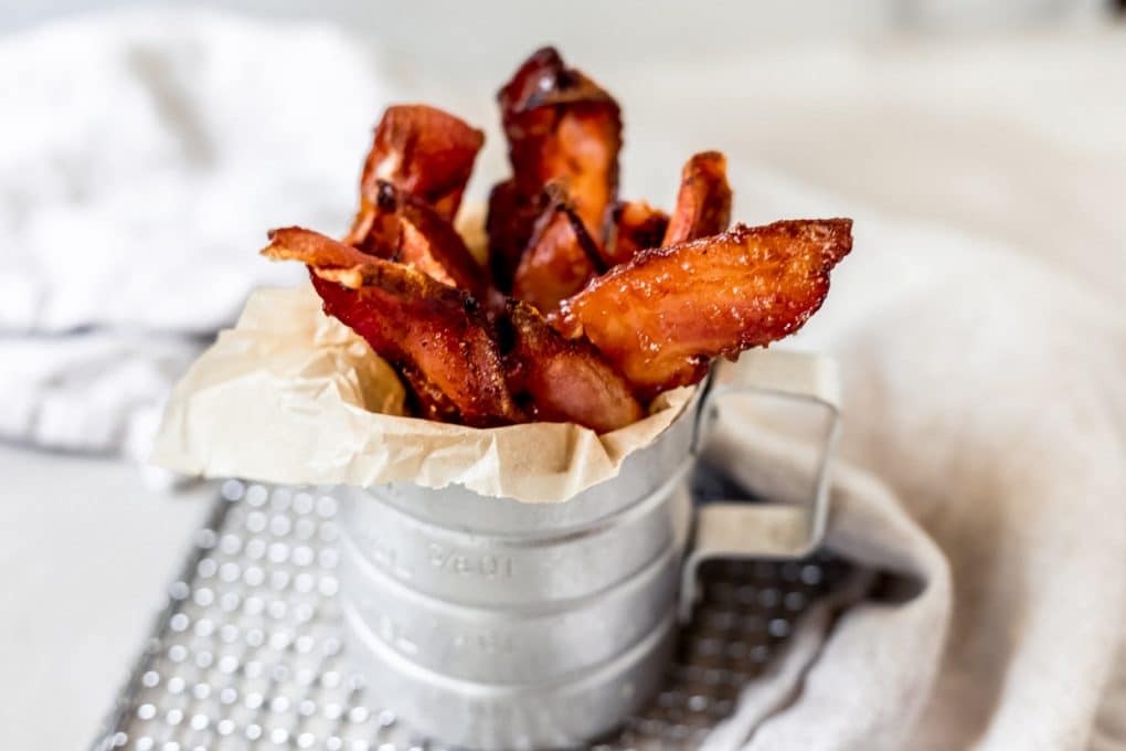 air fryer candied bacon in a metal container